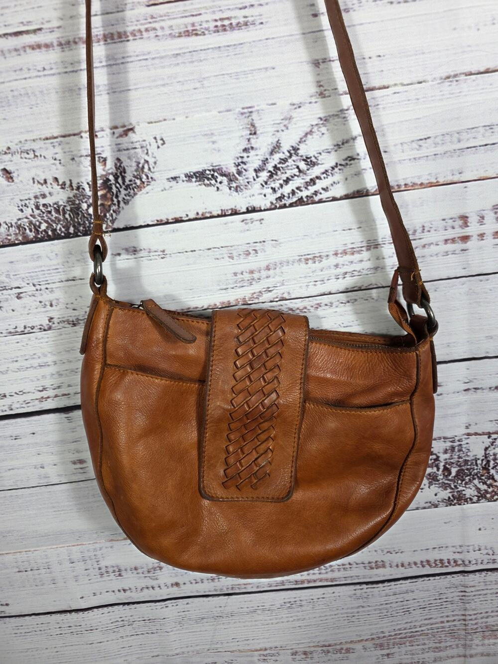Classic Brown Leather Shoulder Bag with Woven Detail